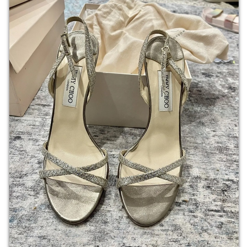 SOLDD!! JIMMY CHOO Champagne 247 India Glitter Sandals Pump 9.5 Eur 40.5